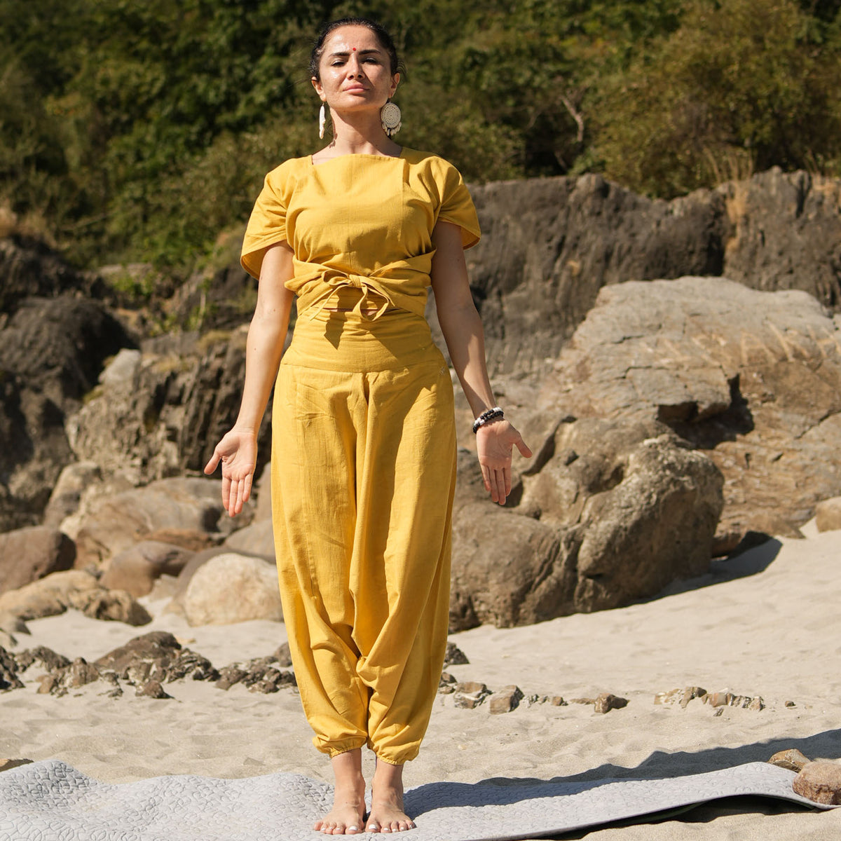 Women Zero Waste Cotton Yoga Pants and Yoga Top Set Yellow -Shwet — view 7