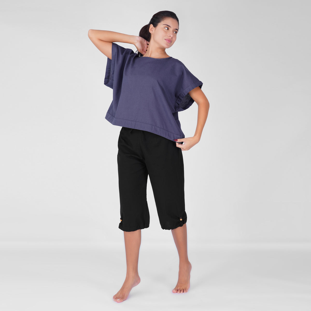 Saral Yoga Top 100% Cotton Sleeveless Top in Celtic Blue with open back for cover up — view 2