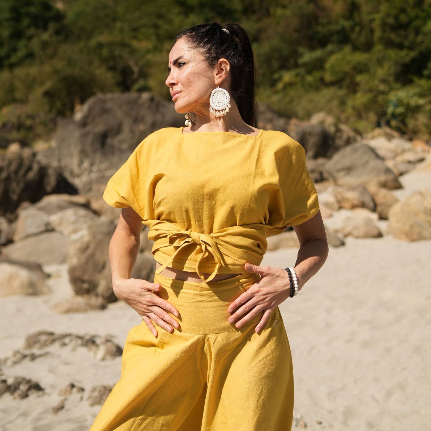 Women Zero Waste Cotton Yoga Pants and Yoga Top Set Yellow -Shwet