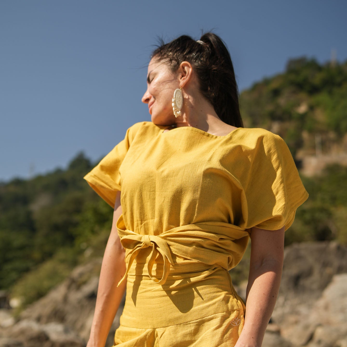 Women Zero Waste Cotton Yoga Pants and Yoga Top Set Yellow -Shwet