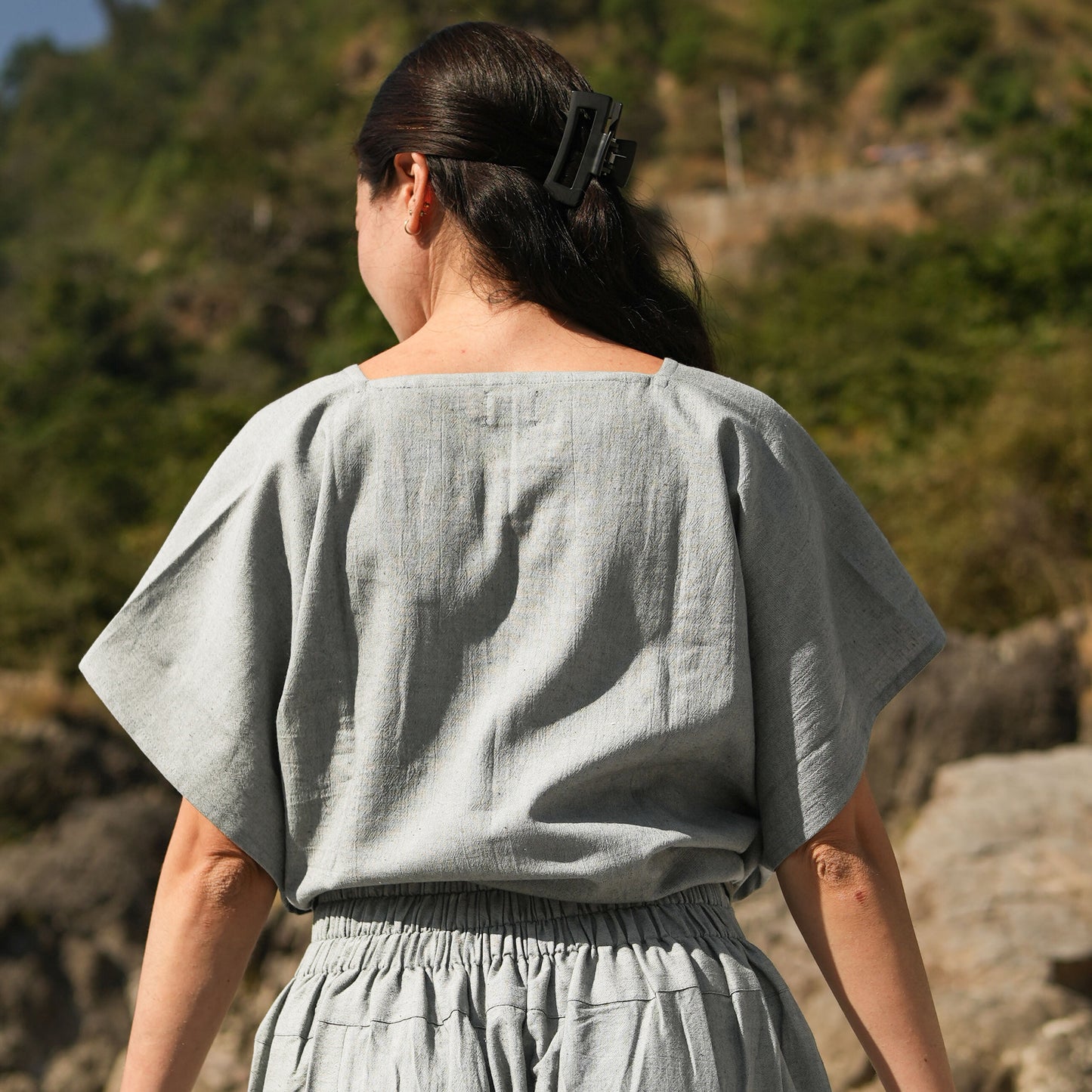 Women Zero Waste Cotton Yoga Pants and Yoga Top Set Grey -Shwet