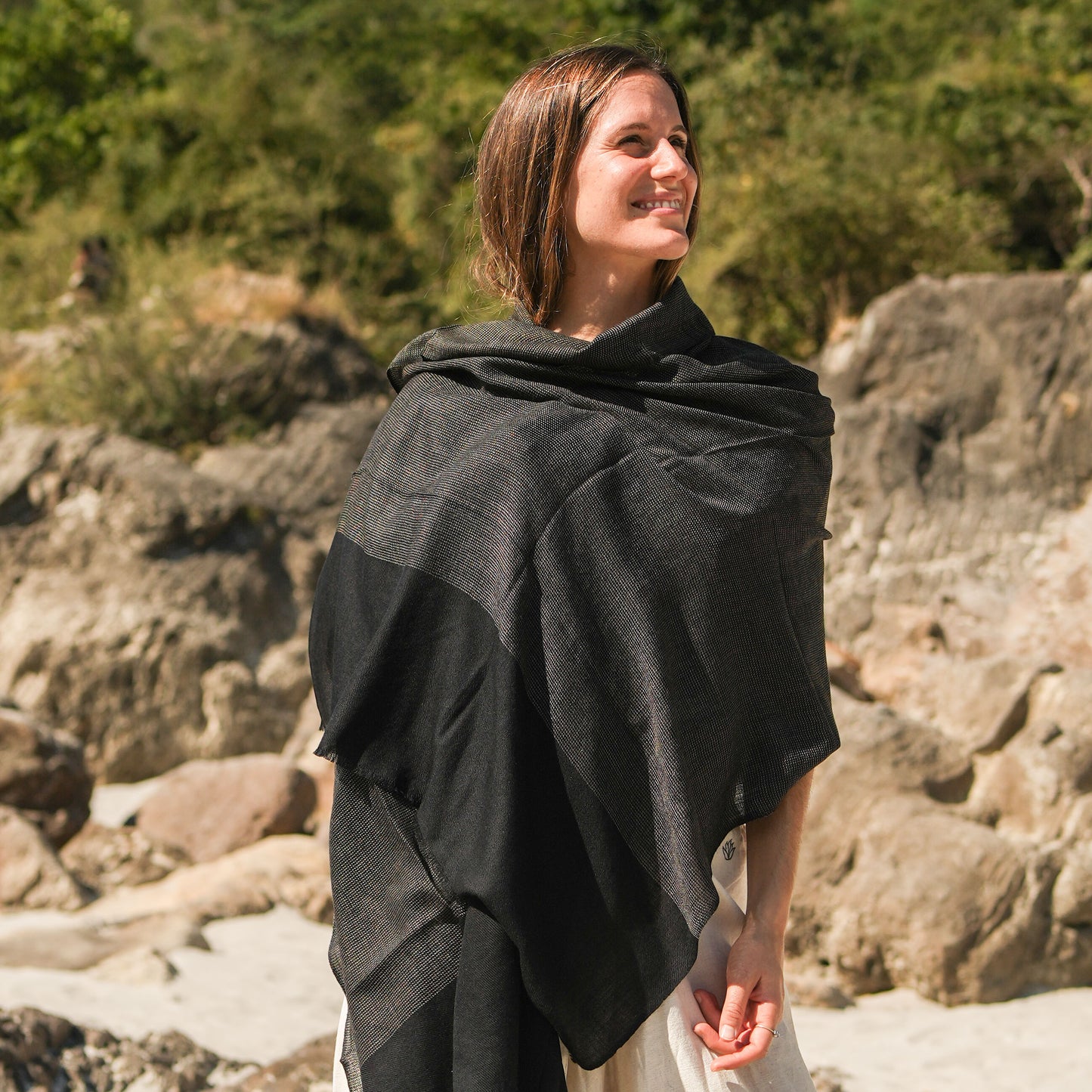 Urja Meditation Shawl in Black Khadi Design - Small