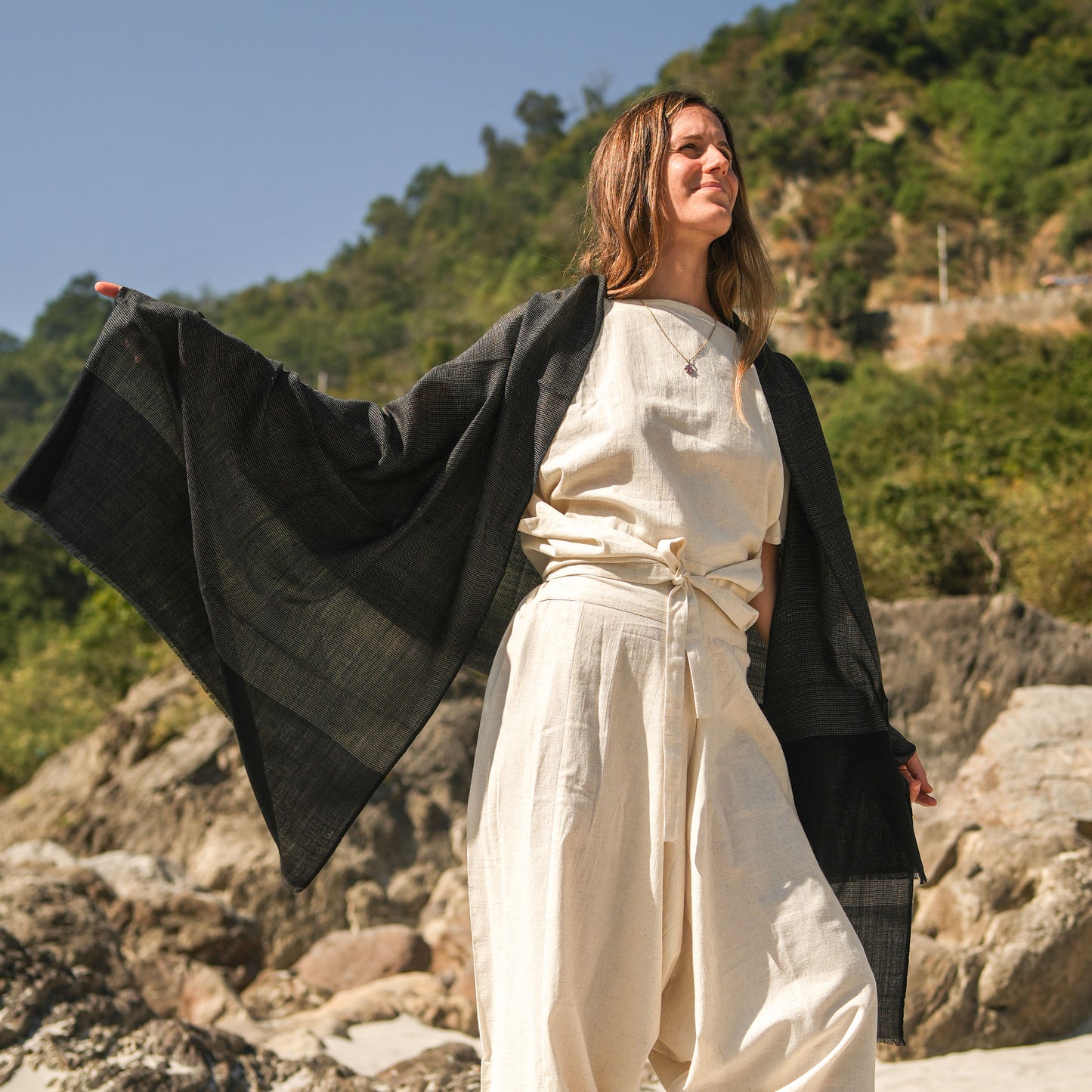 Urja Meditation Shawl in Black Khadi Design - Small