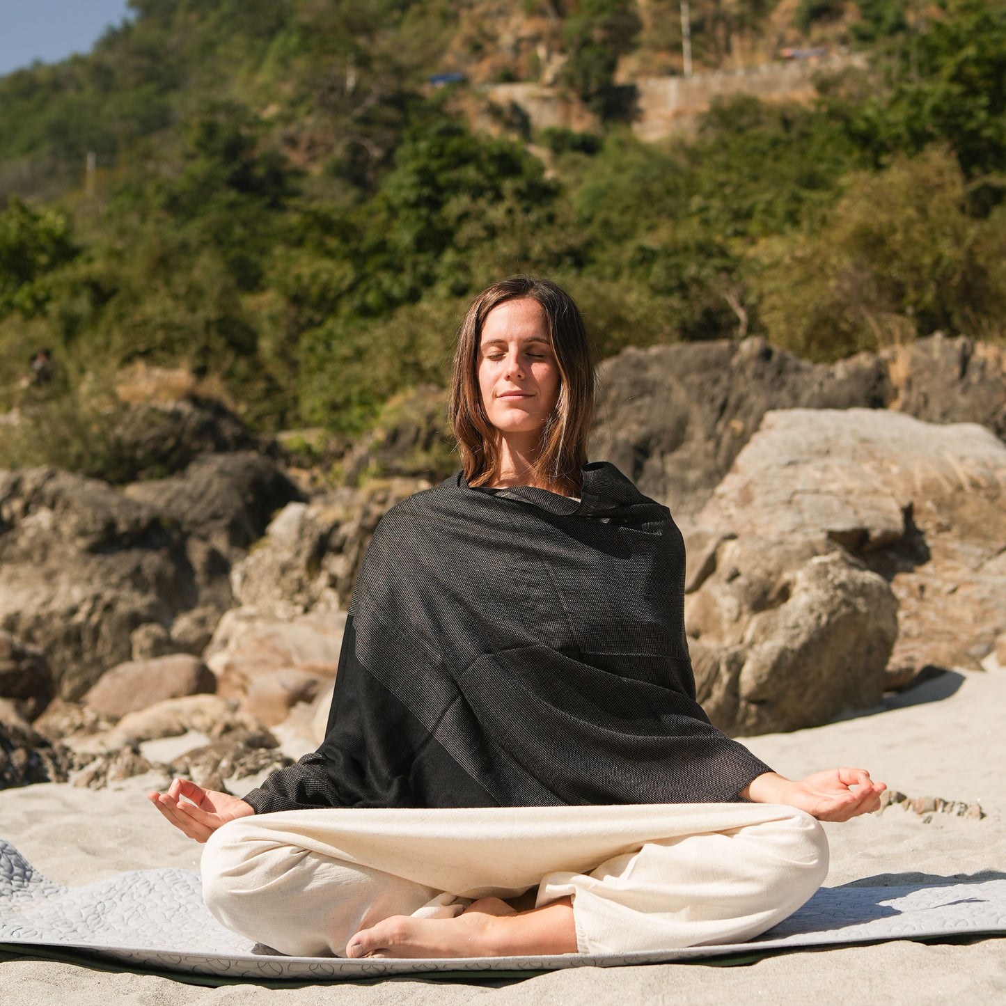 Urja Meditation Shawl in Black Khadi Design - Small