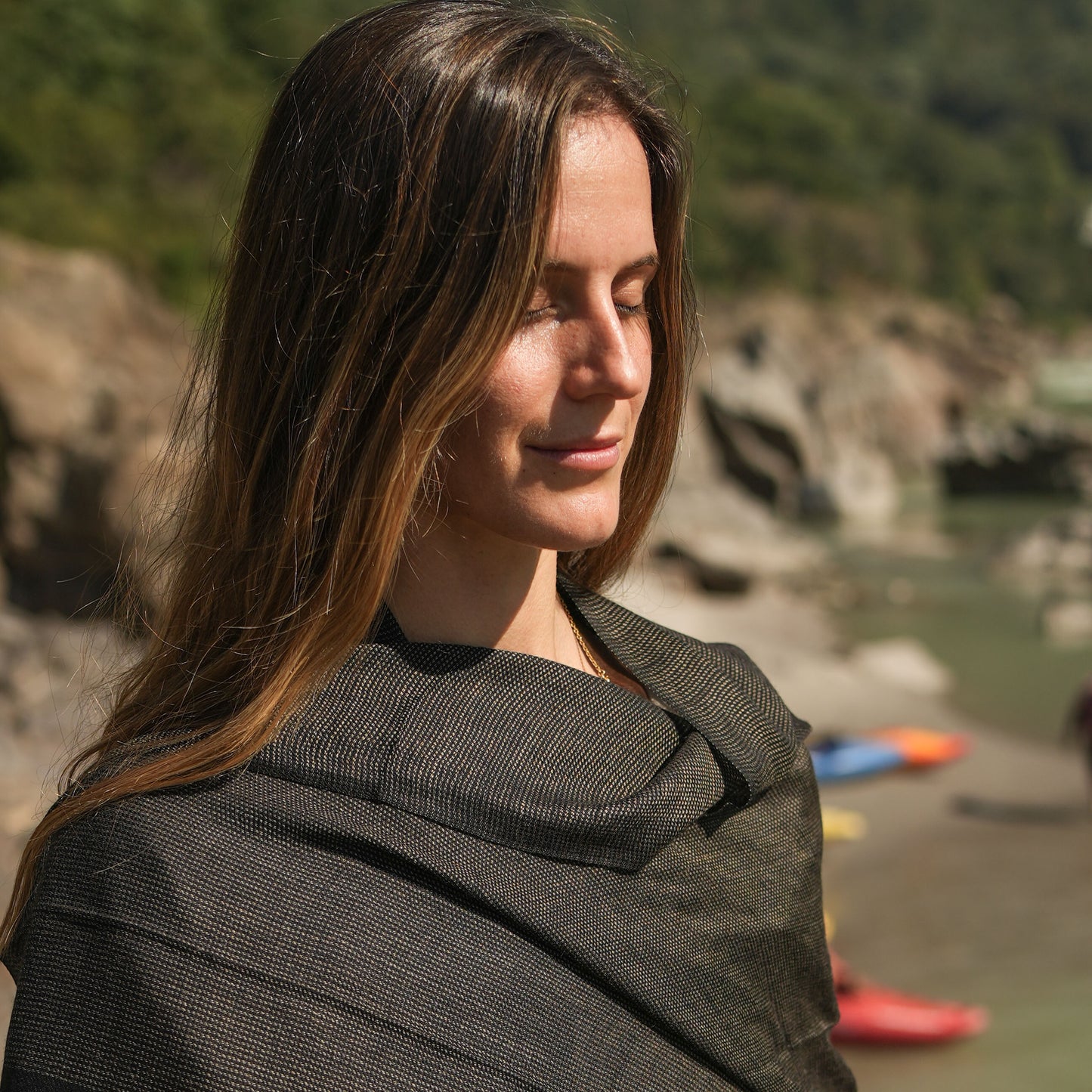 Urja Meditation Shawl in Black Khadi Design - Small