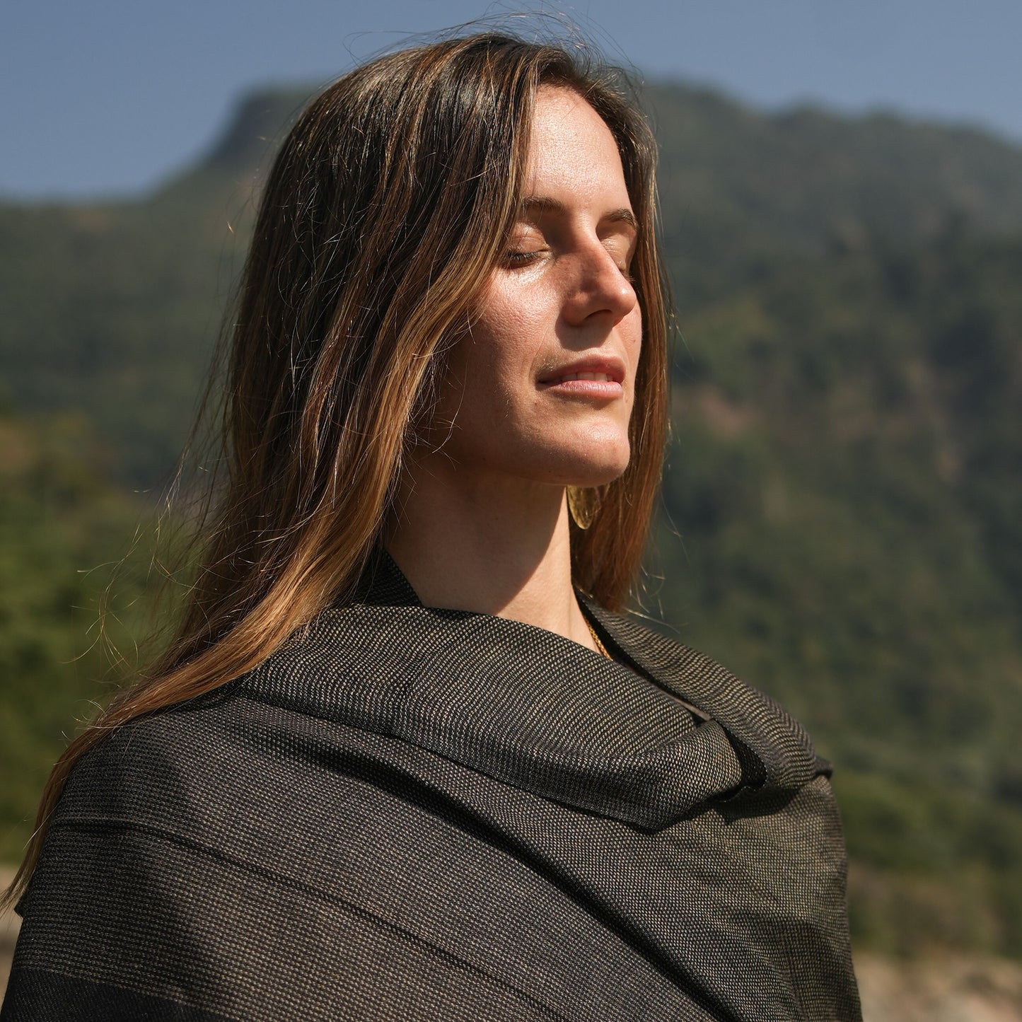 Urja Meditation Shawl in Black Khadi Design - Small