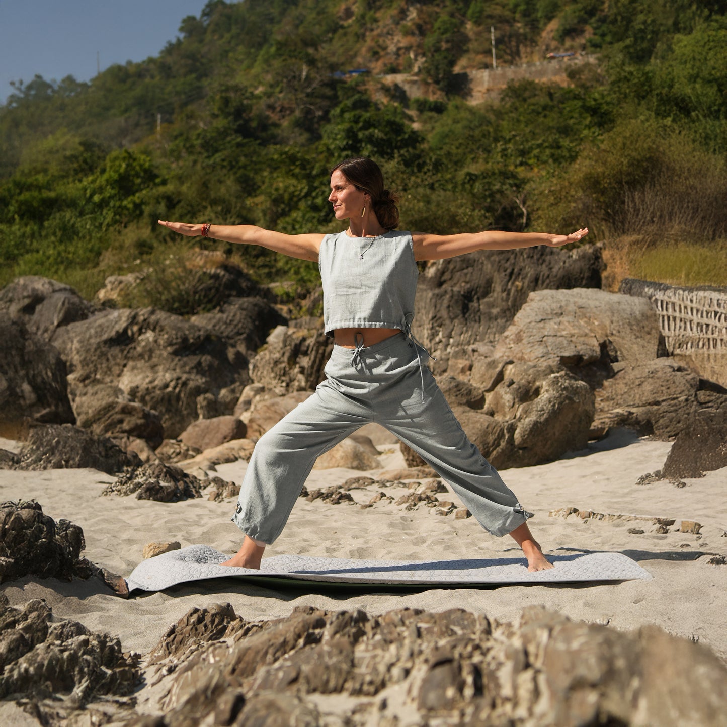 Women Cotton Yoga Pants and Yoga Top Set Grey -Ananda