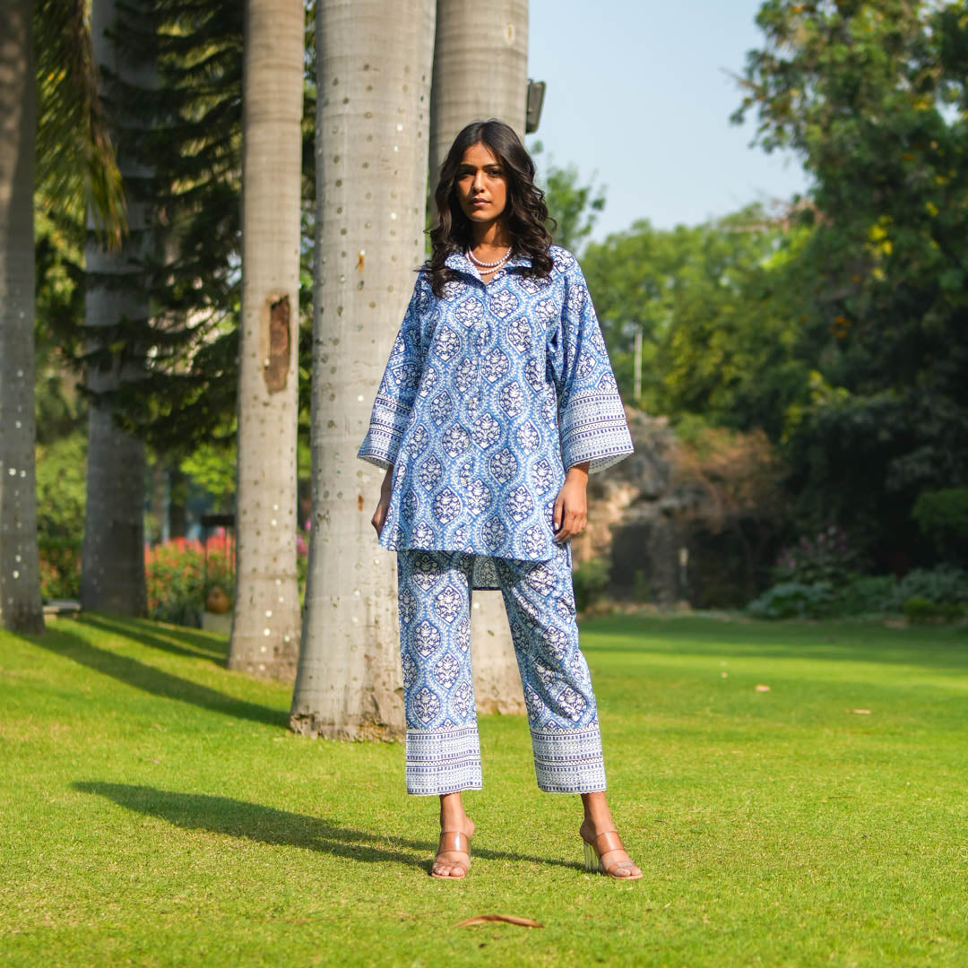 Blue Hand Block Printed Oversized Button Down Shirt Style Kurta