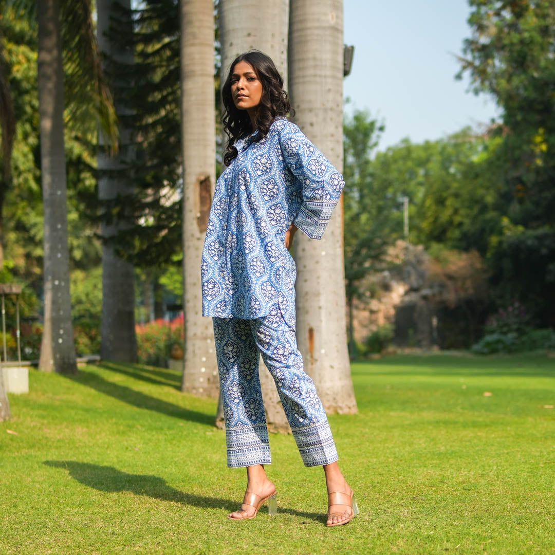 Blue Hand Block Printed Oversized Button Down Shirt Style Kurta