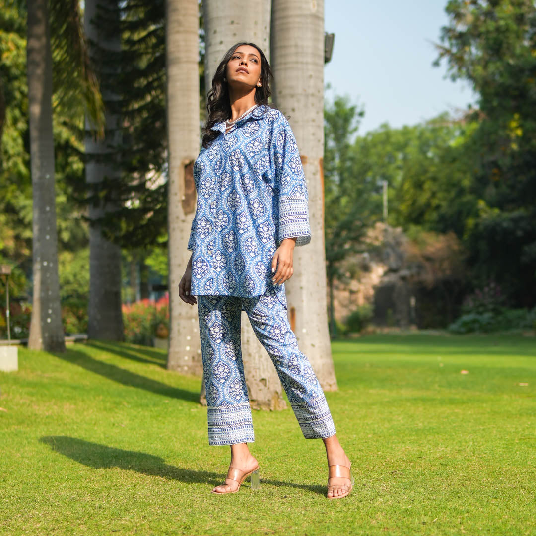 Blue Hand Block Printed Oversized Button Down Shirt Style Kurta