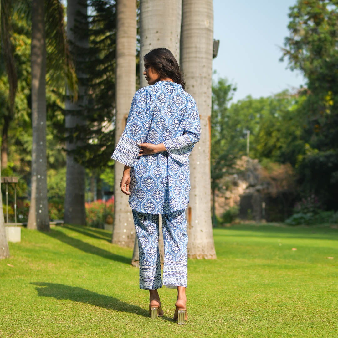 Blue Hand Block Printed Oversized Button Down Shirt Style Kurta