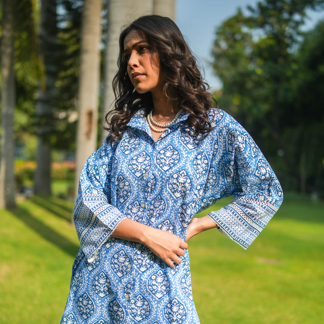 Blue Hand Block Printed Oversized Button Down Shirt Style Kurta