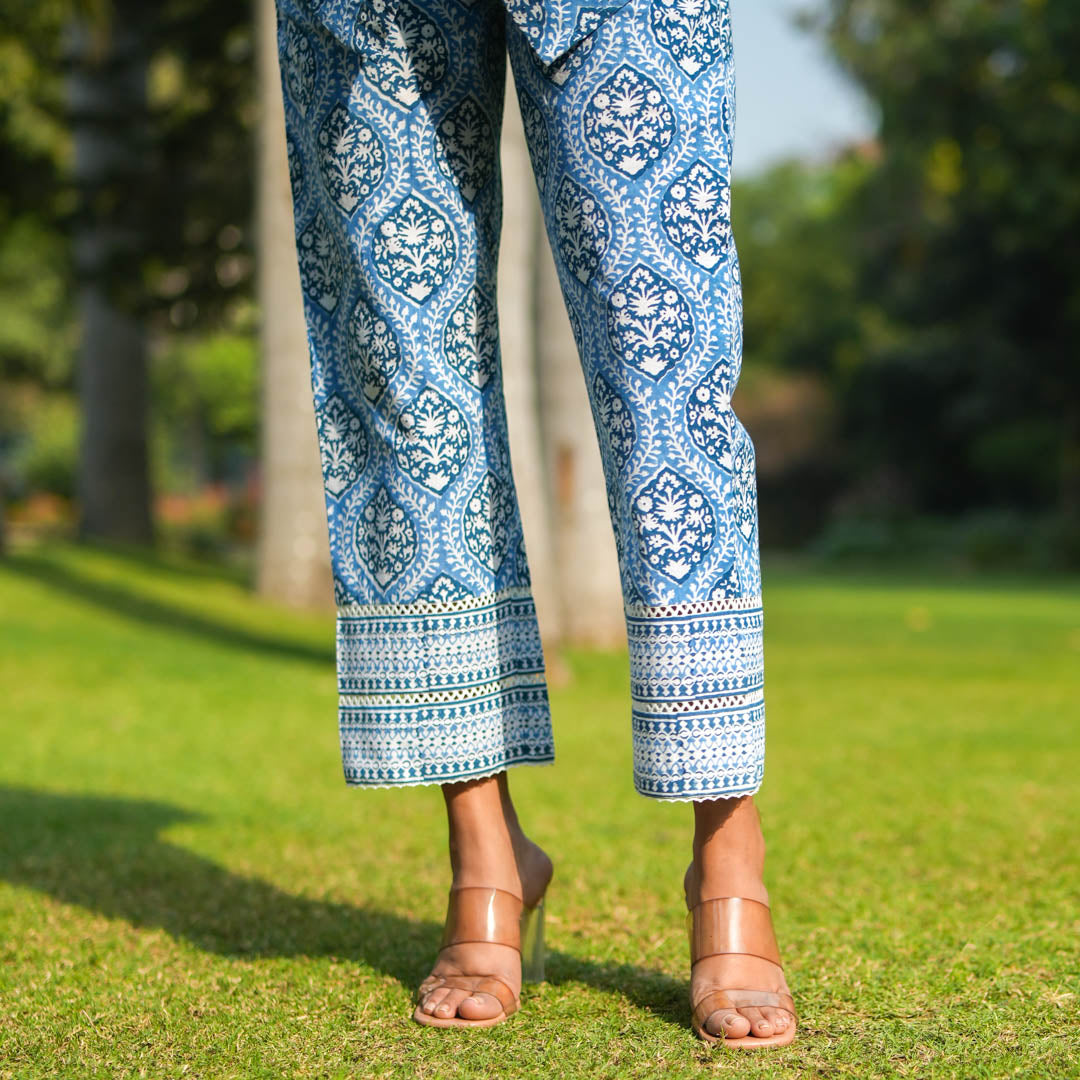 Blue Hand Block Printed Oversized Button Down Shirt Style Kurta