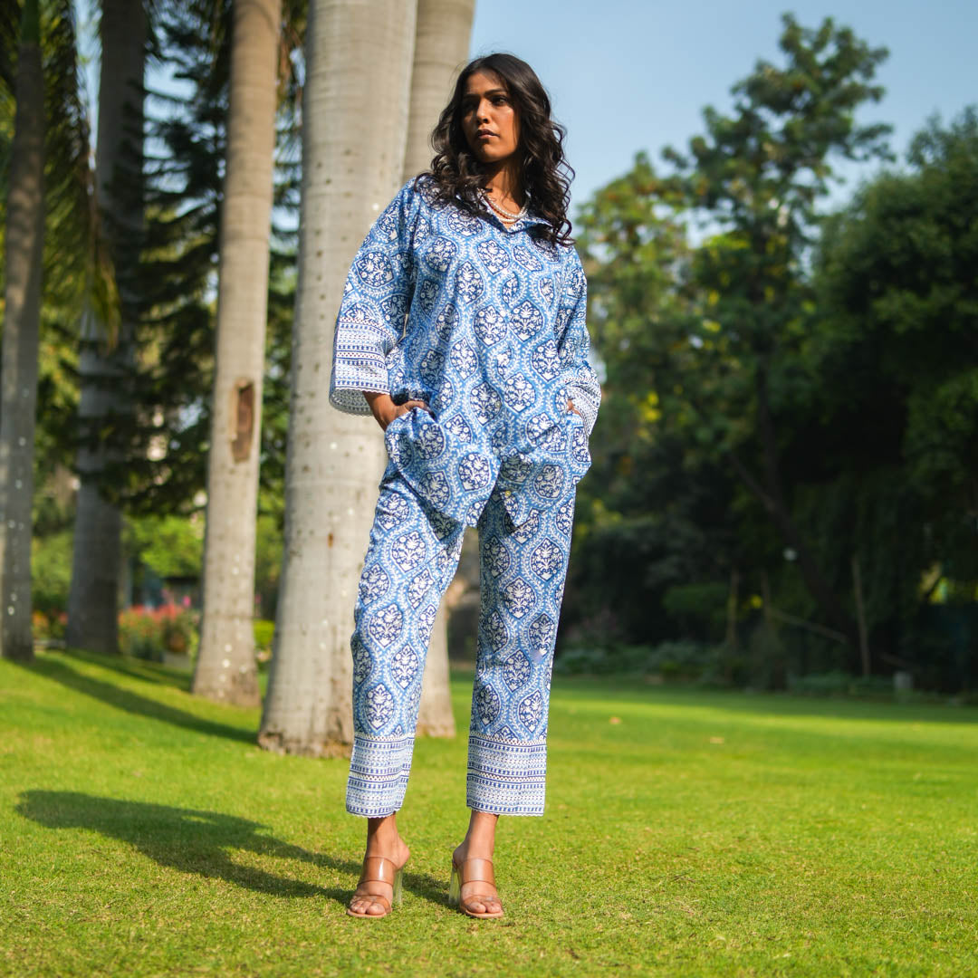 Blue Hand Block Printed Oversized Button Down Shirt Style Kurta