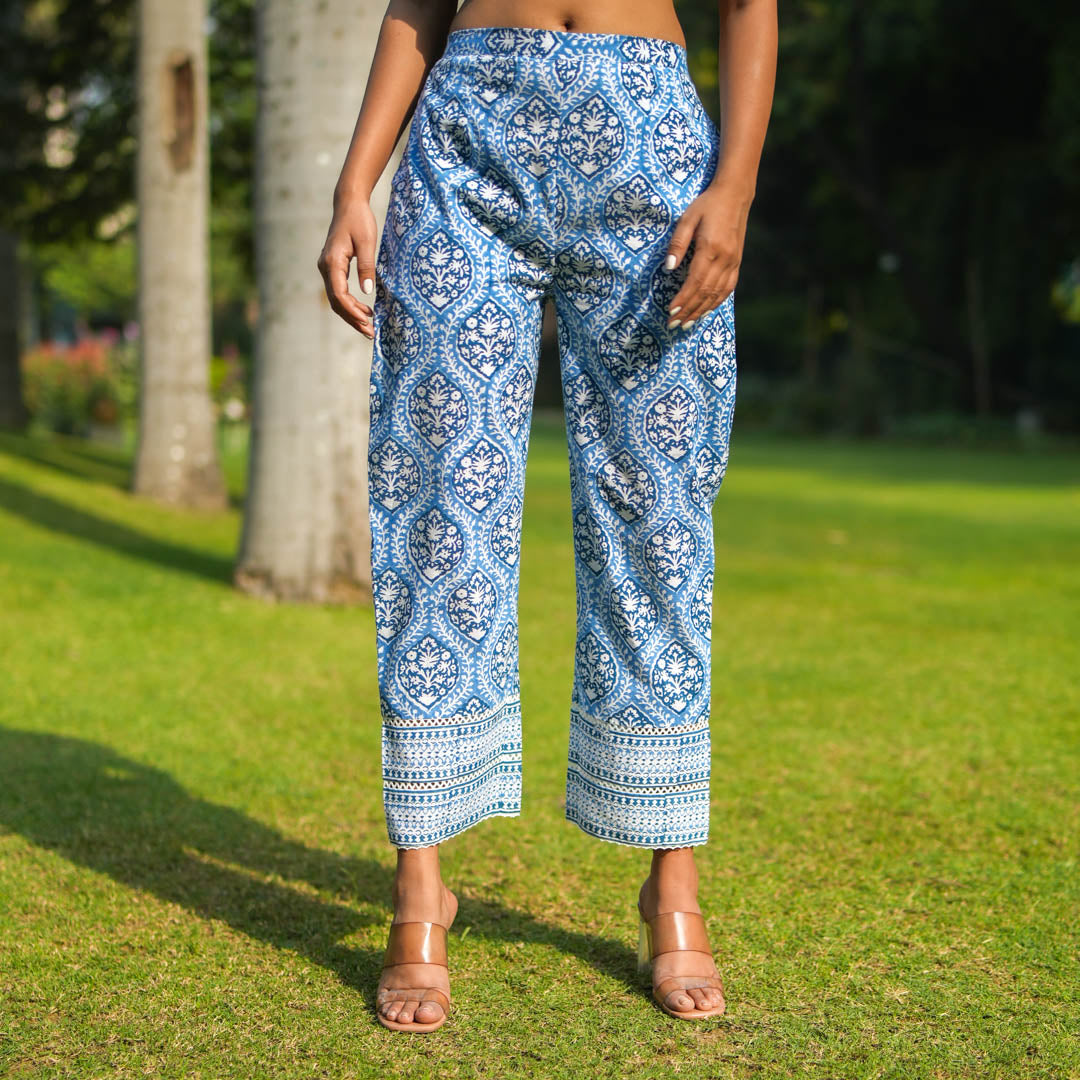 Blue Hand Block Printed Straight Pants.