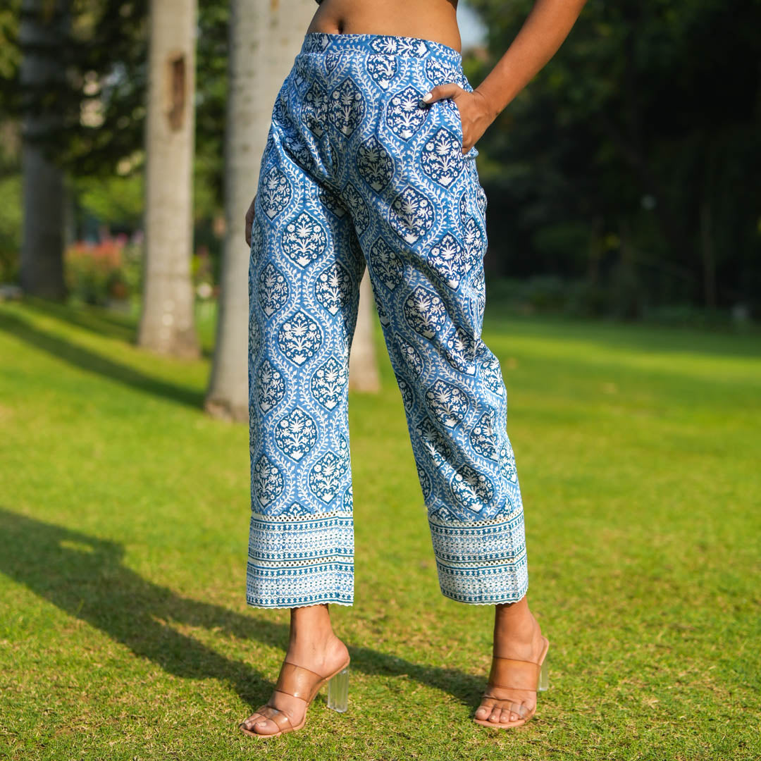 Blue Hand Block Printed Straight Pants.