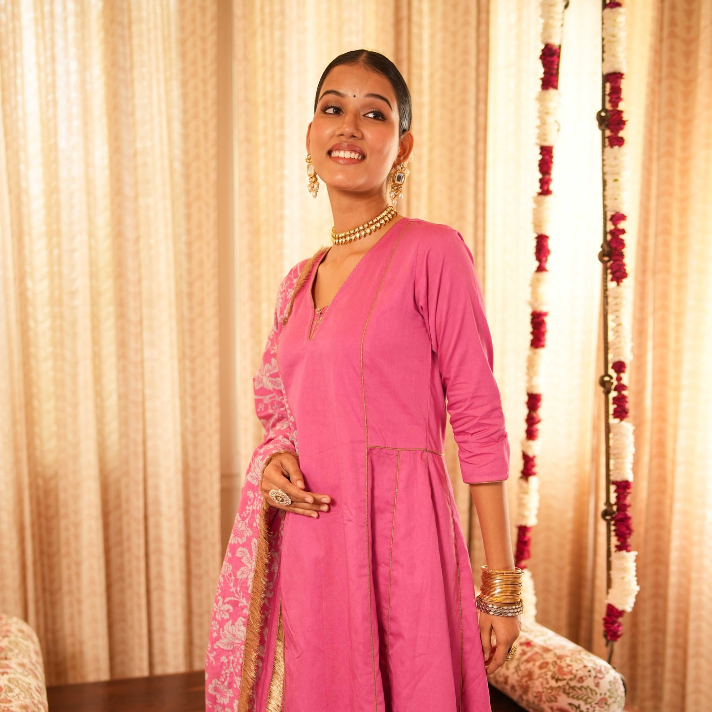 Solid Pink Panelled Anarkali Kurta with Straight Pants (Set of 2)