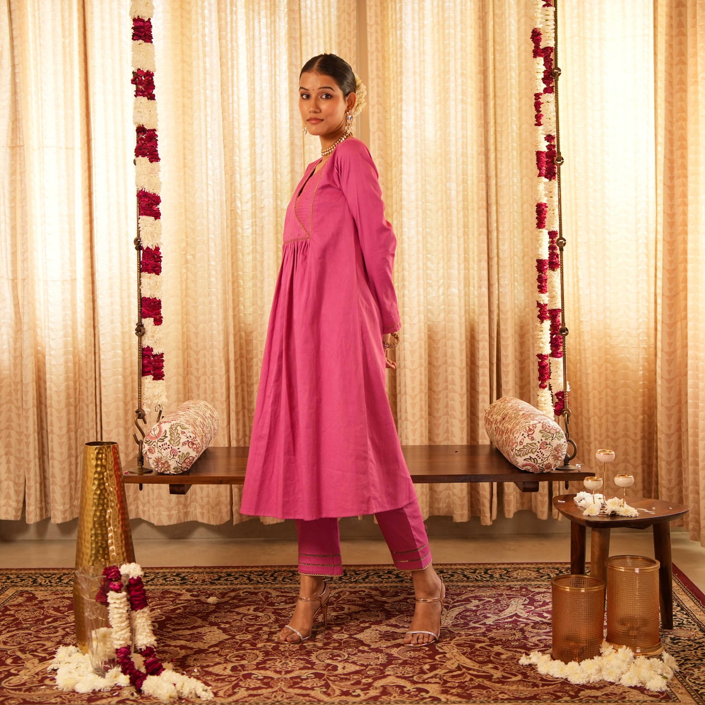 Solid Pink Yoke Detailed Kurta with Straight Pants (Set of 2)