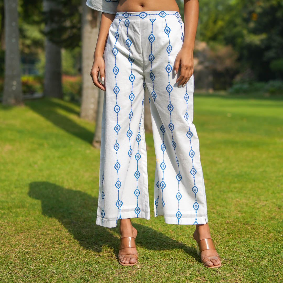 White Hand Block Printed Palazzo Pants