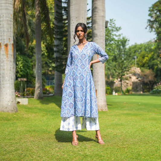 Blue Hand Block Printed Flared Kurta with Hand Embroidery Detail