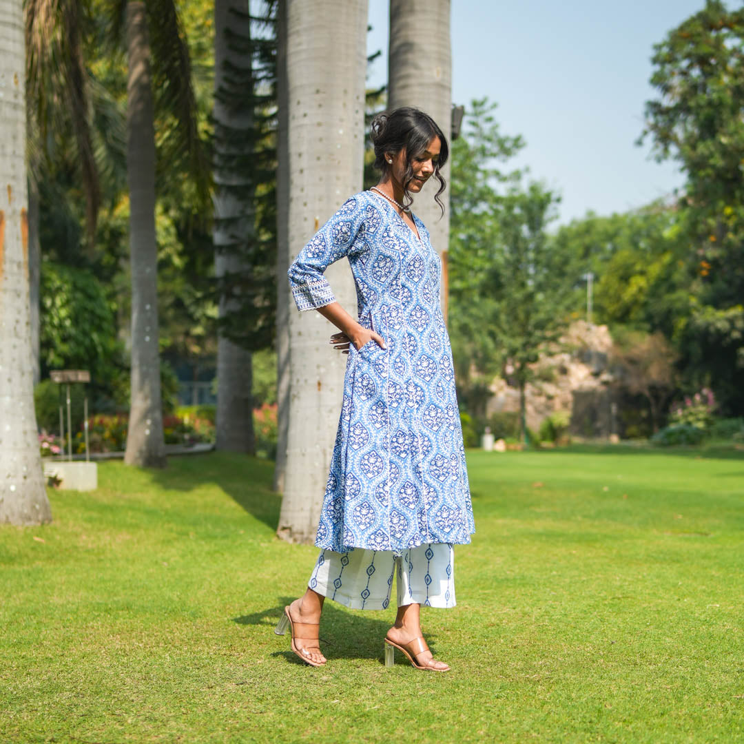 Blue Hand Block Printed Flared Kurta Set with Hand Embroidery Detail (Set Of 2)