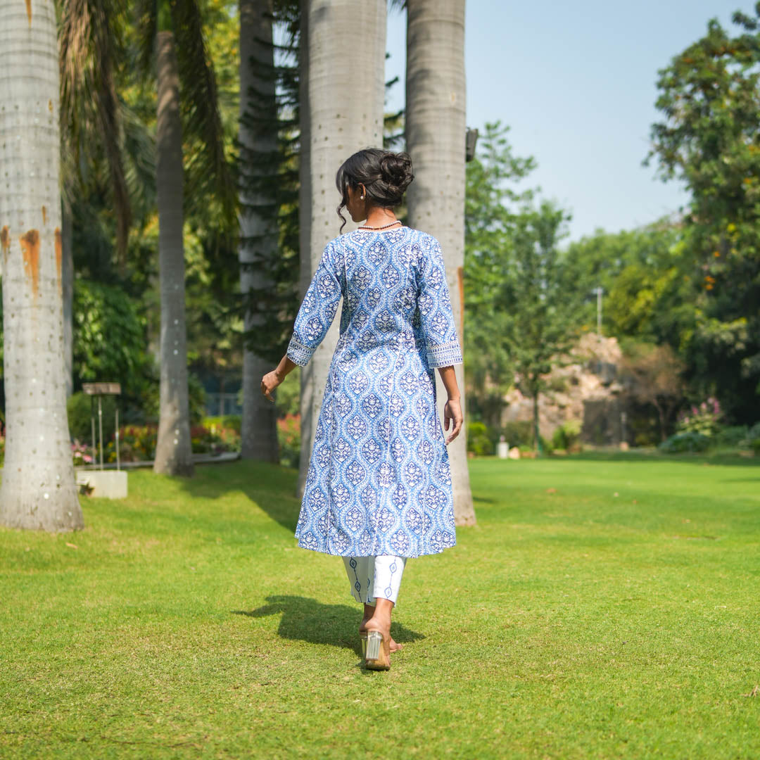 Blue Hand Block Printed Flared Kurta Set with Hand Embroidery Detail (Set Of 2)