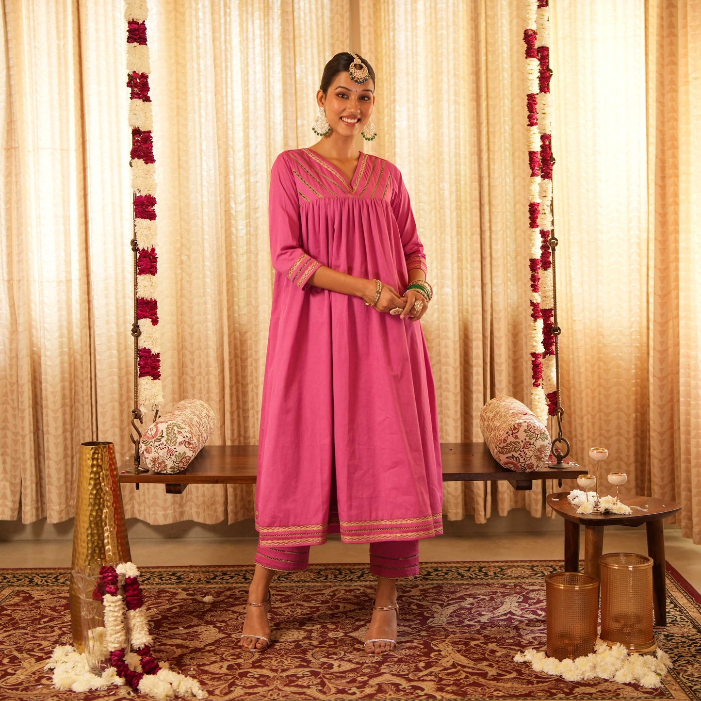 Solid Pink Long Anarkali Kurta with Straight Pants (Set of 2)