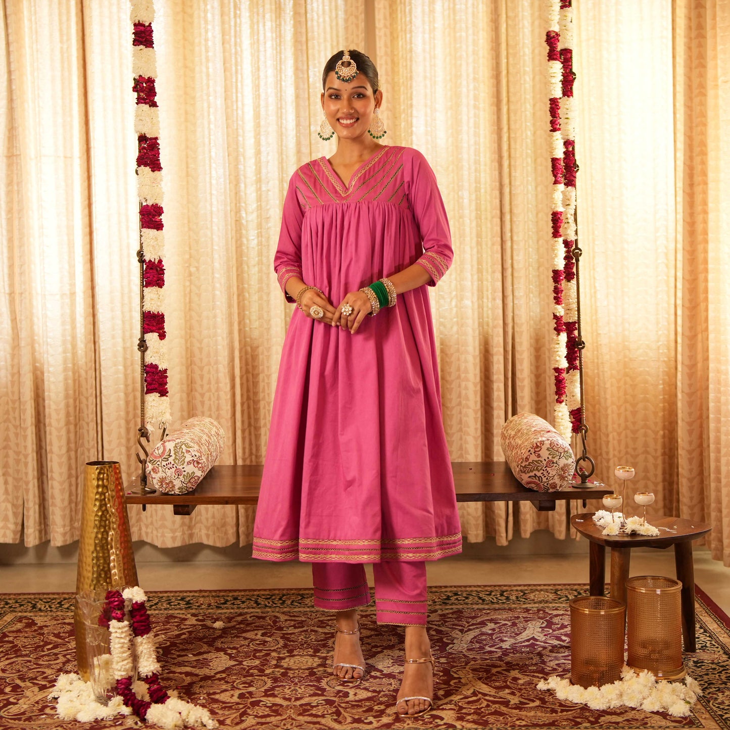 Solid Pink Long Anarkali Kurta with Straight Pants (Set of 2)