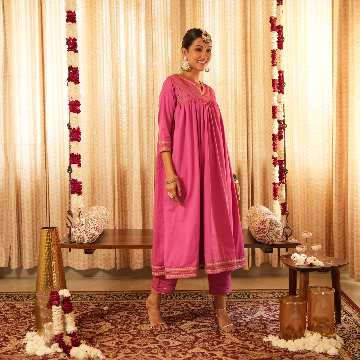 Solid Pink Long Anarkali Kurta with Straight Pants (Set of 2)