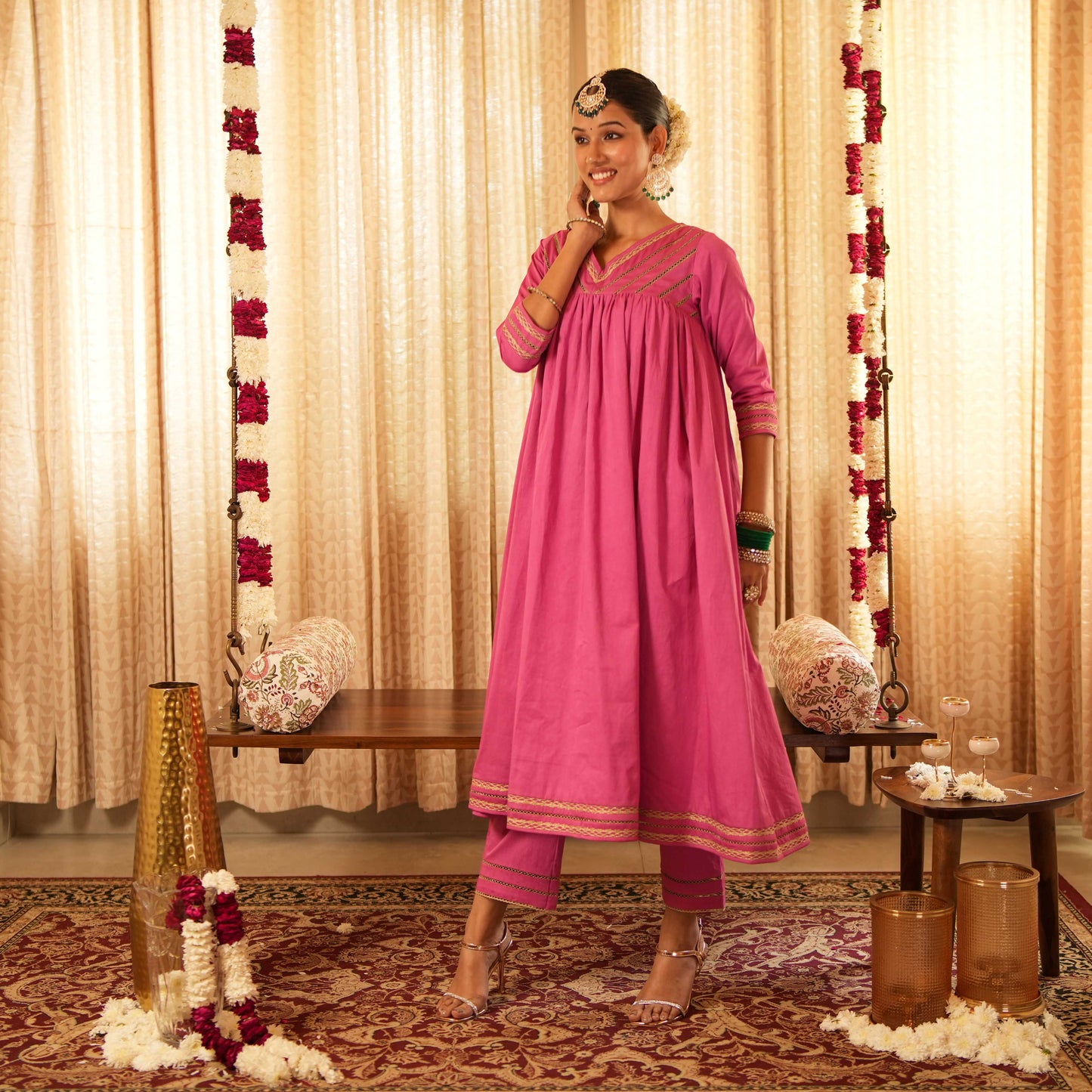 Solid Pink Long Anarkali Kurta with Straight Pants (Set of 2)