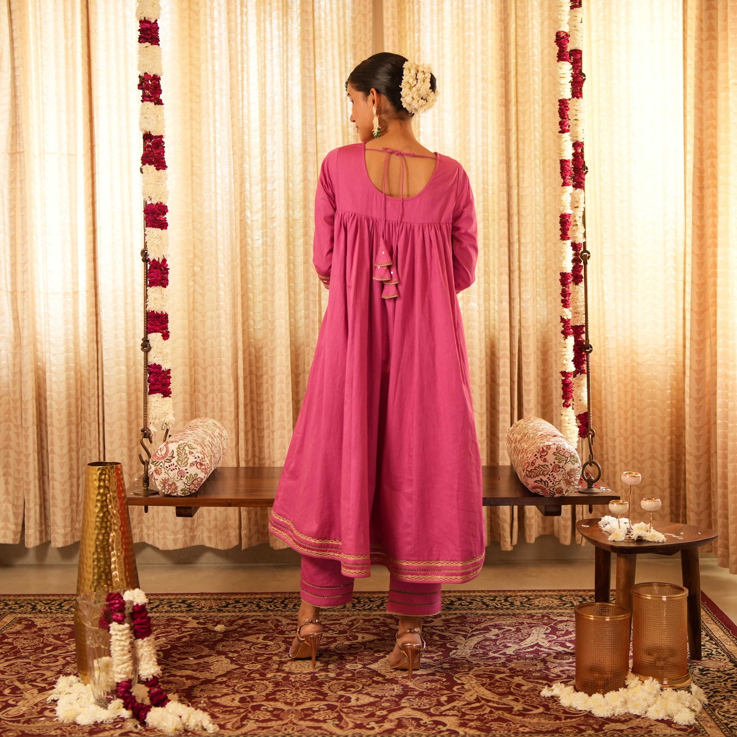 Solid Pink Long Anarkali Kurta with Straight Pants (Set of 2)