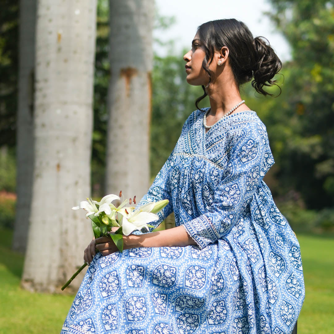 Blue Hand Block Printed Anarkali Kurta Set (Set of 2)