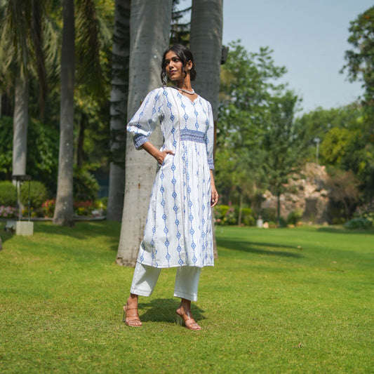 White Hand Block Printed Fit and Flare Kurta Set with Embroidered Waist Detail and Back Tie-up( set of 2 )