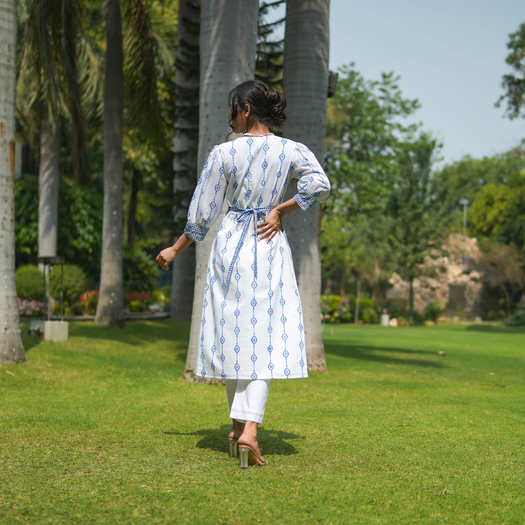 White block printed fit and flare kurta with yoke and tie-up