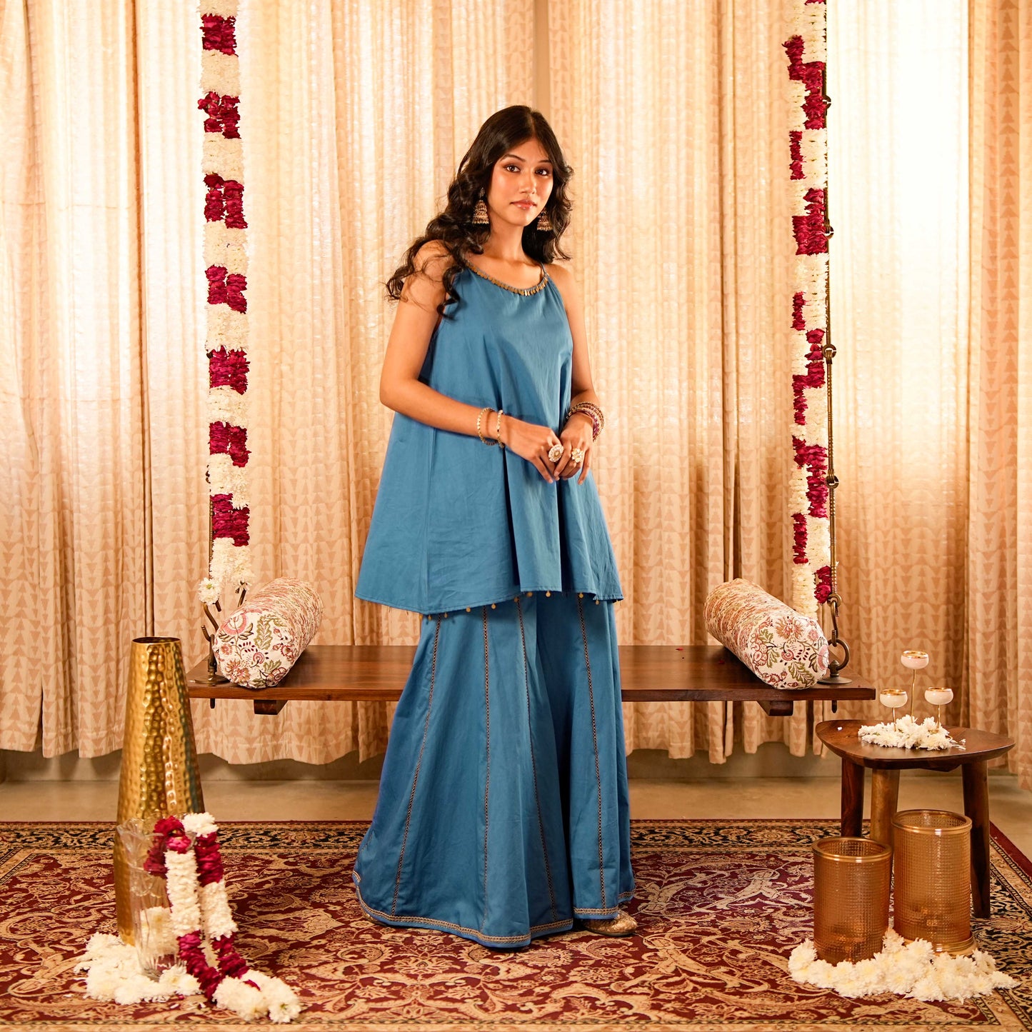 Solid Blue Spaghetti Strap A-Line Short Kurta with Sharara (Set of 2)