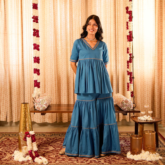 Solid Blue Peplum Short Kurta  with Tiered Sharara (Set of 2)