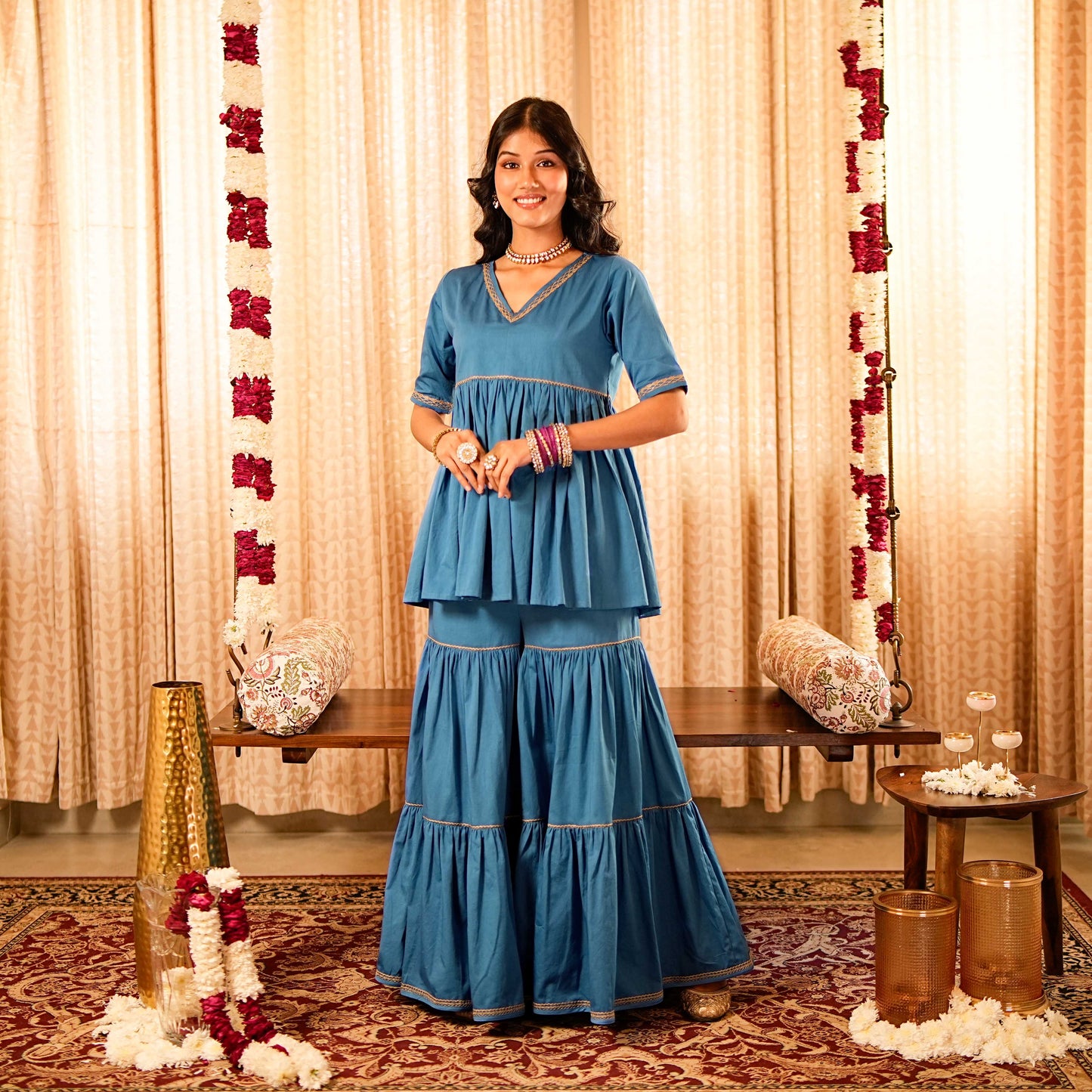 Solid Blue Tiered Peplum Short Kurta  with Tiered Sharara and Printed Dupatta (Set of 3)