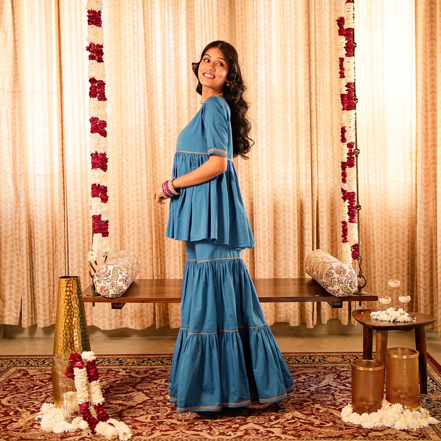 Solid Blue Tiered Peplum Short Kurta  with Tiered Sharara and Printed Dupatta (Set of 3)