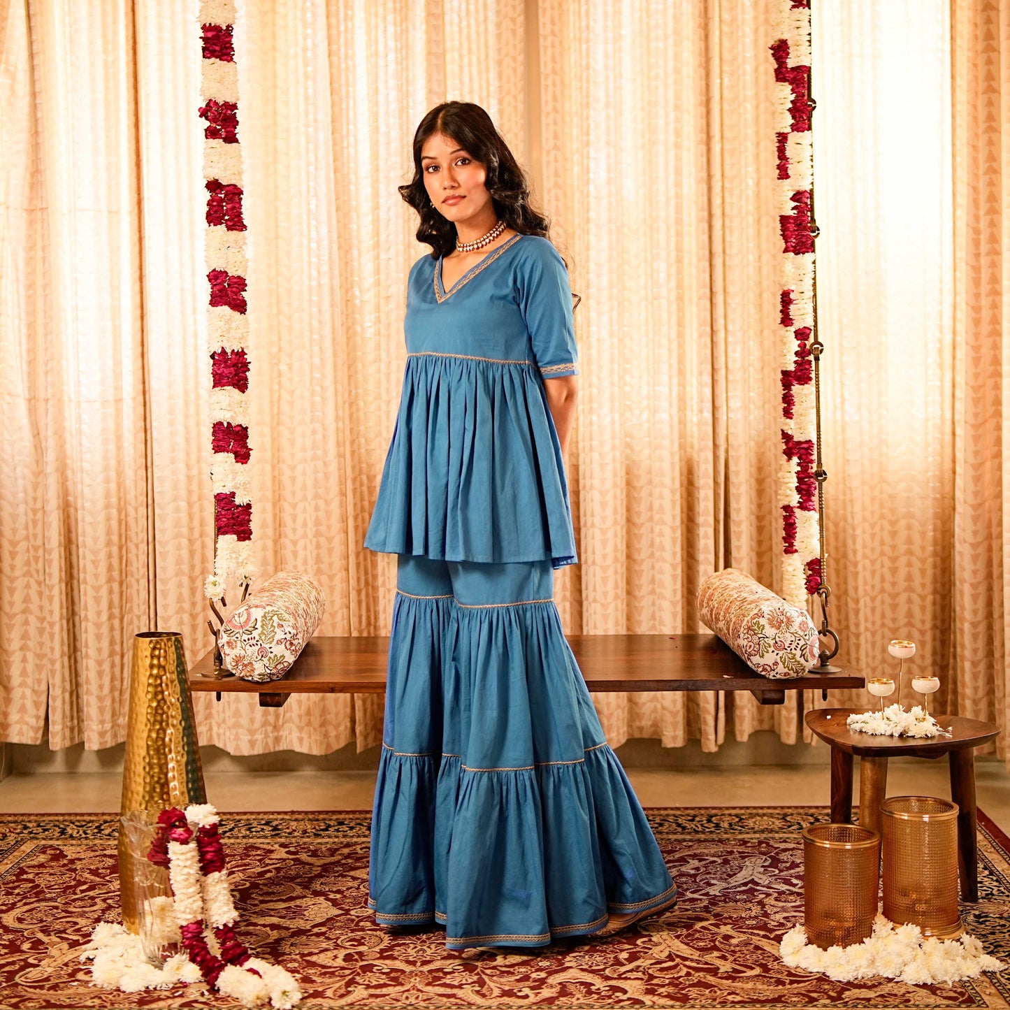 Solid Blue Tiered Peplum Short Kurta  with Tiered Sharara and Printed Dupatta (Set of 3)