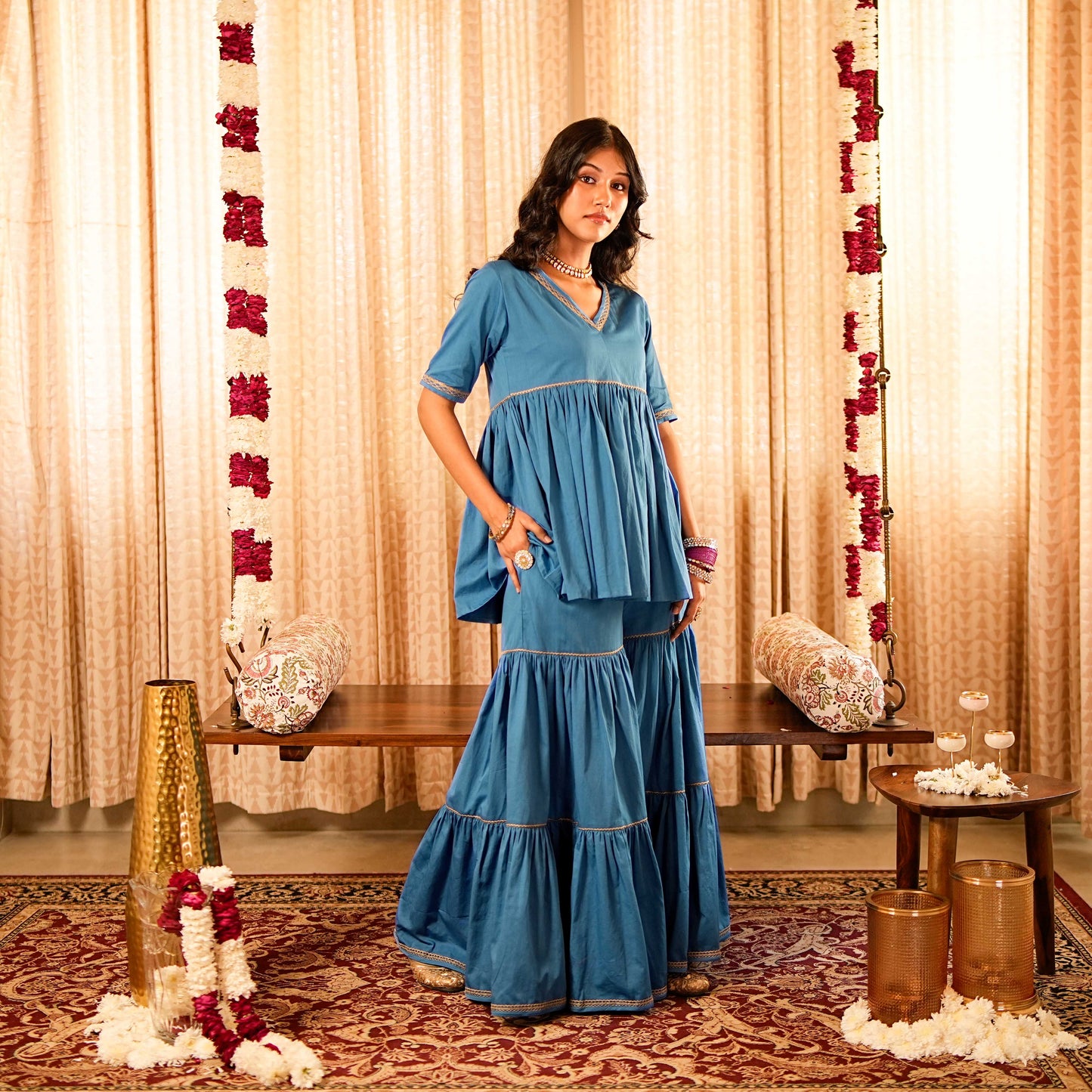 Solid Blue Tiered Peplum Short Kurta  with Tiered Sharara and Printed Dupatta (Set of 3)