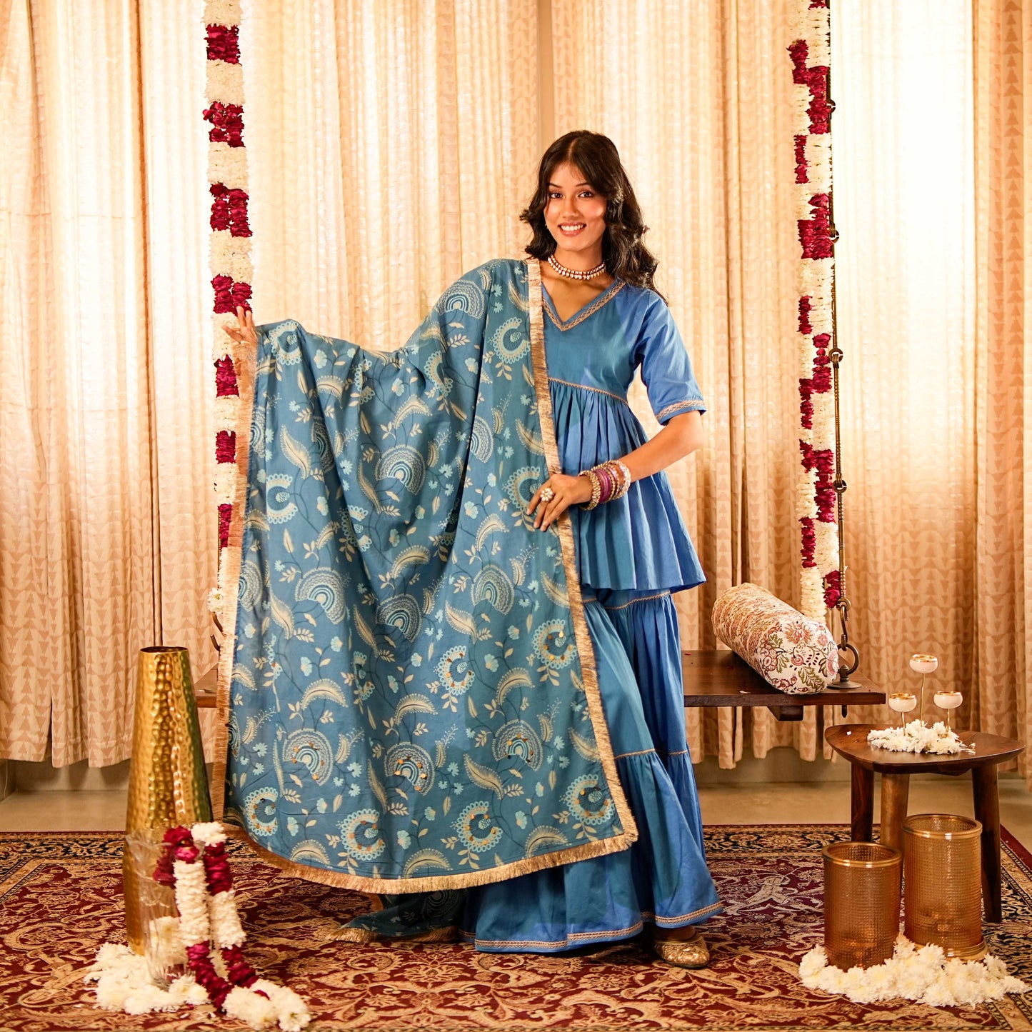 Solid Blue Tiered Peplum Short Kurta  with Tiered Sharara and Printed Dupatta (Set of 3)