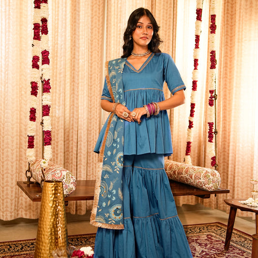 Solid Blue Tiered Peplum Short Kurta  with Tiered Sharara and Printed Dupatta (Set of 3)