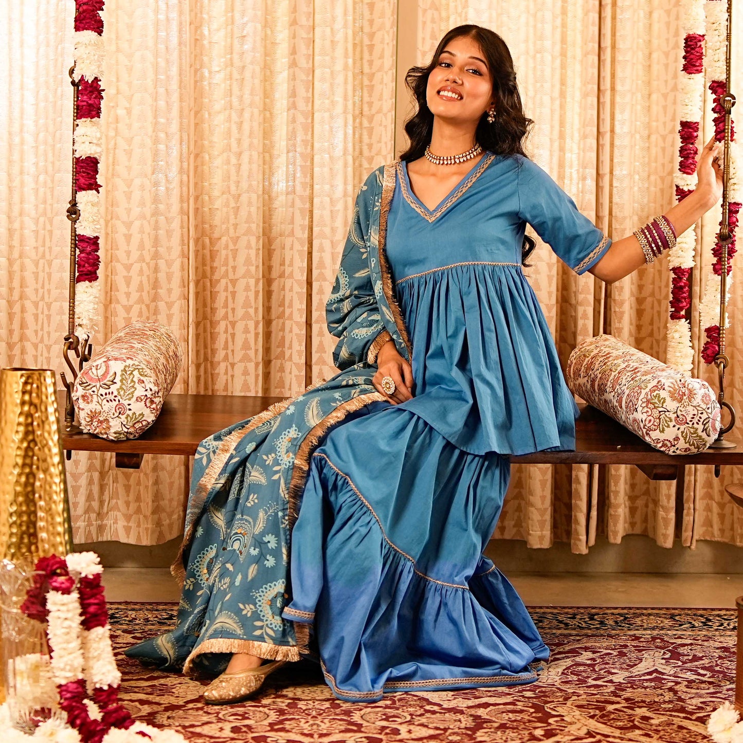 Solid Blue Tiered Peplum Short Kurta  with Tiered Sharara and Printed Dupatta (Set of 3)