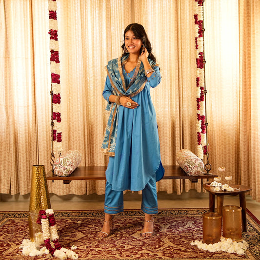 Solid Blue Gathered A-Line Kurta with Straight Pants and Printed Dupatta (Set of 3)