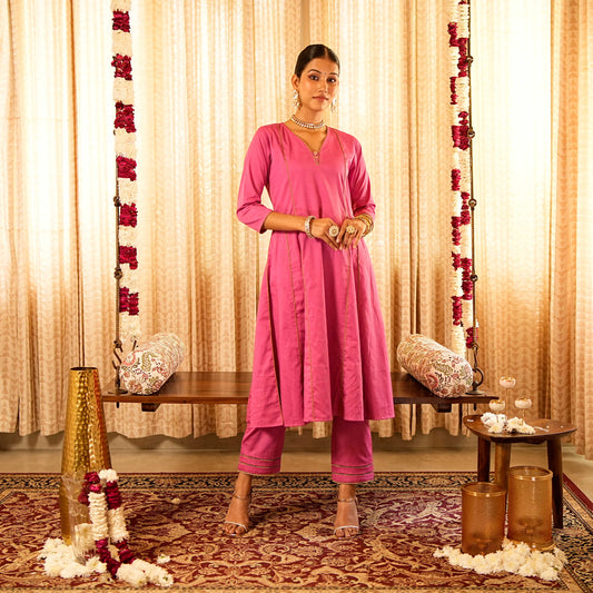 Solid Pink Panelled Anarkali Kurta with Straight Pants (Set of 2)