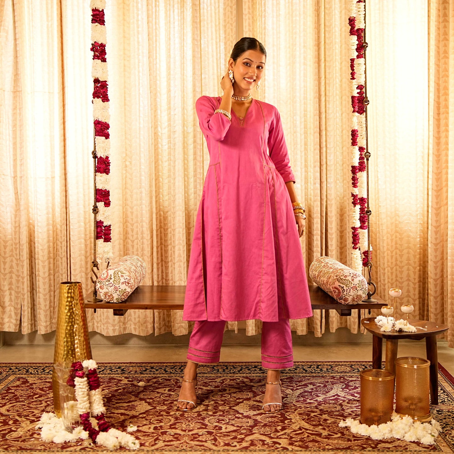 Solid Pink Panelled Anarkali Kurta with Straight Pants (Set of 2)