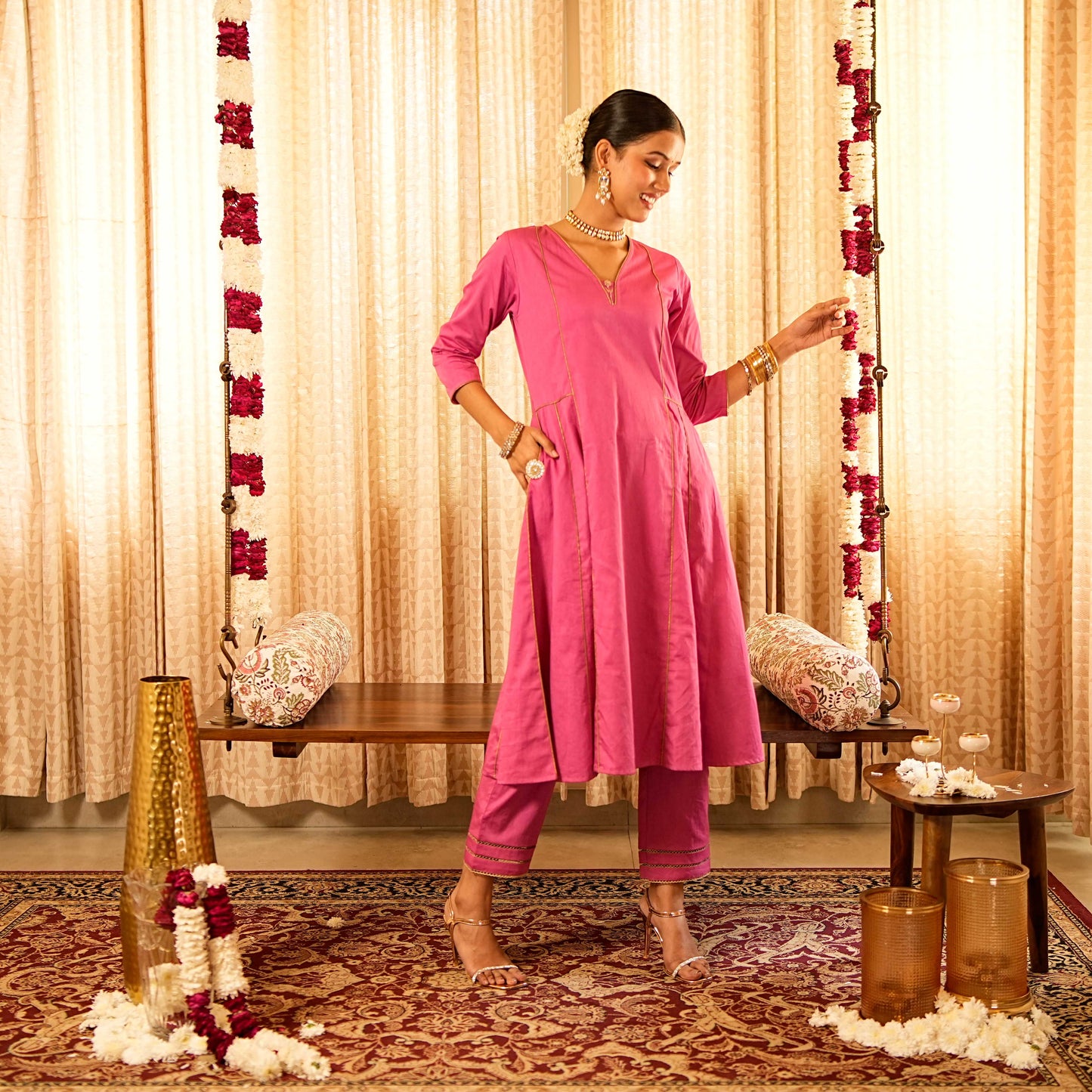 Solid Pink Panelled Anarkali Kurta with Straight Pants (Set of 2)