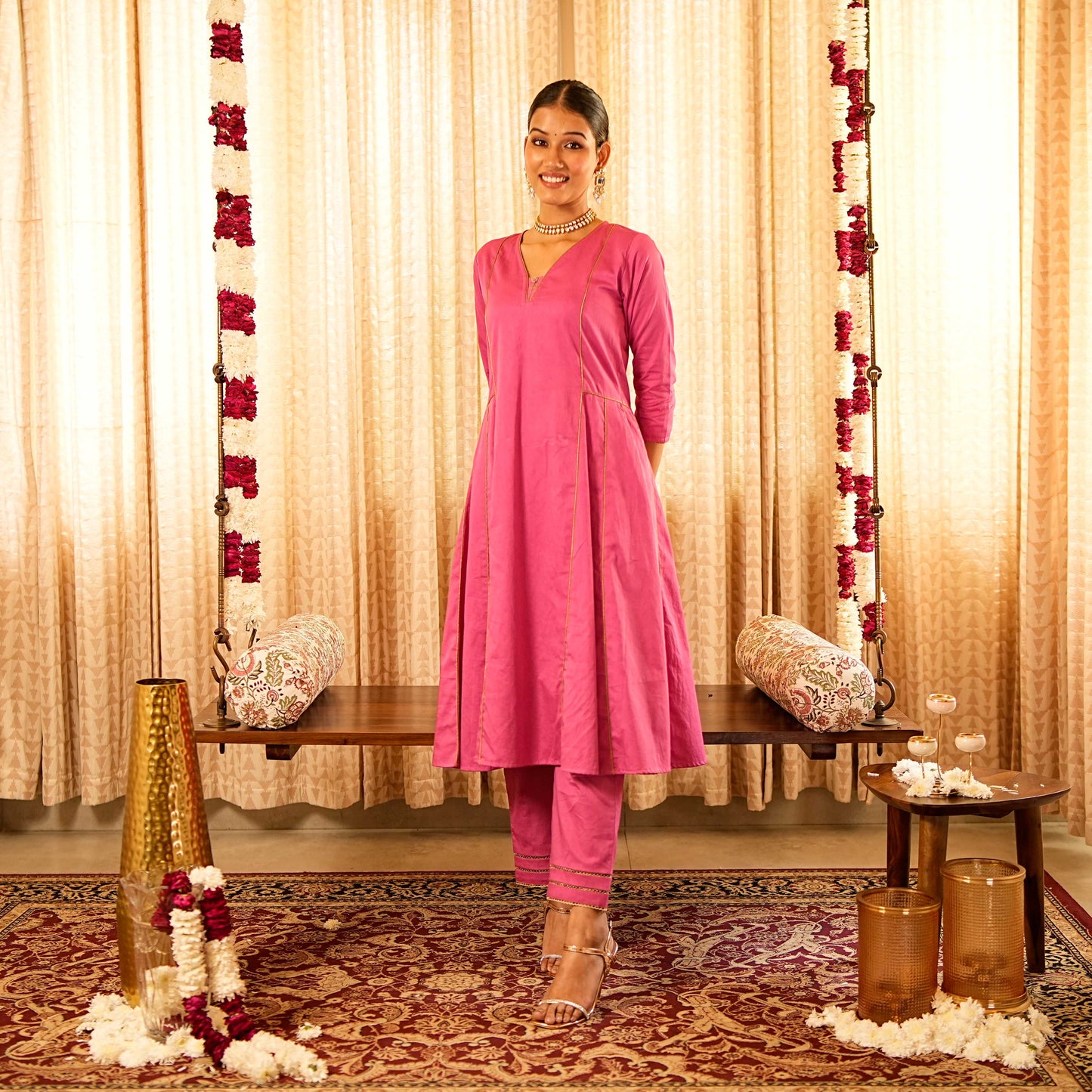 Solid Pink Panelled Anarkali Kurta with Straight Pants (Set of 2)