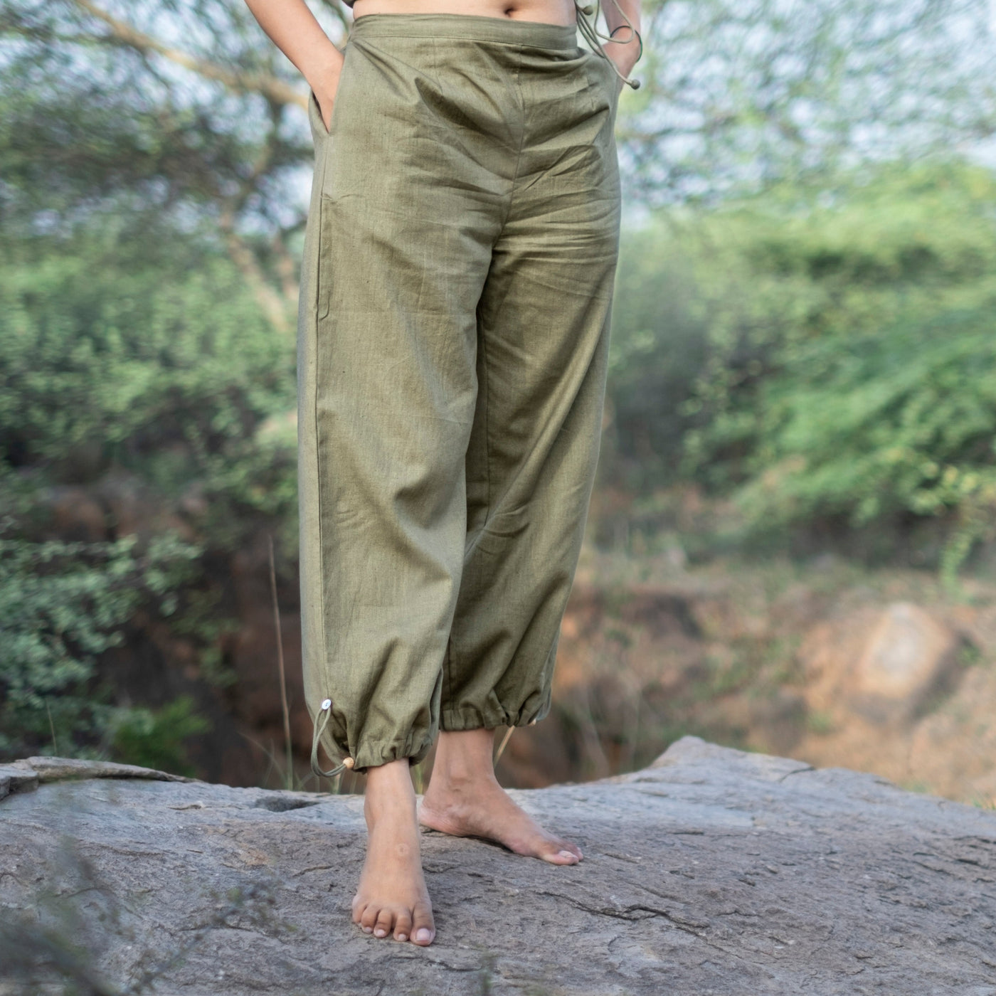 Women Cotton Yoga Pants with string pull Green -Ananda — view 4