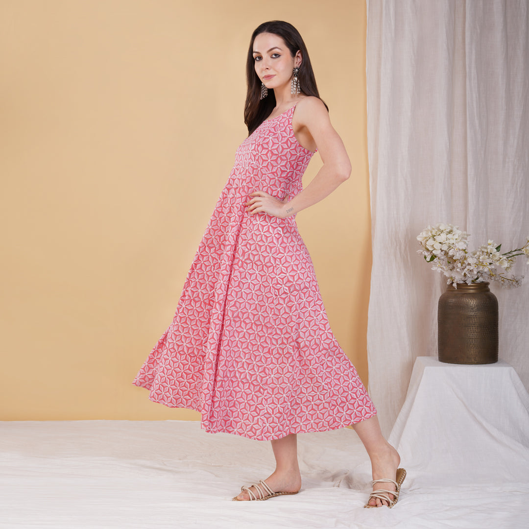 Pink Star Hand Block Printed Long Flared Dress with Spaghetti Straps and Smocked Back